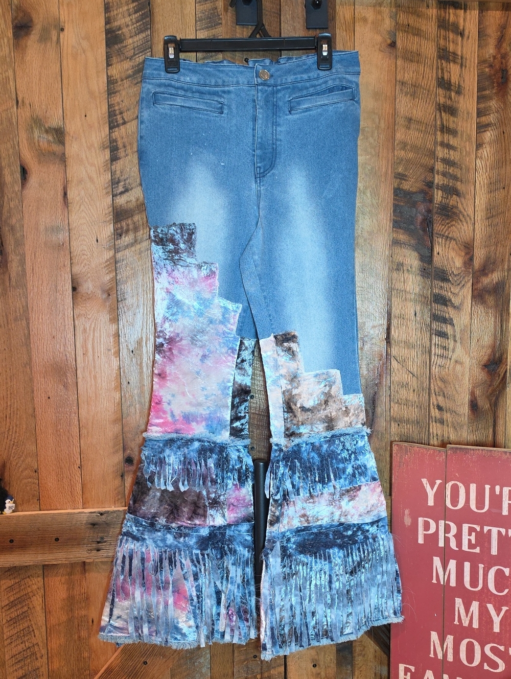 186p Tie-Dye Velvet Flare Jeans with Frayed Ruffle Hem - Blue